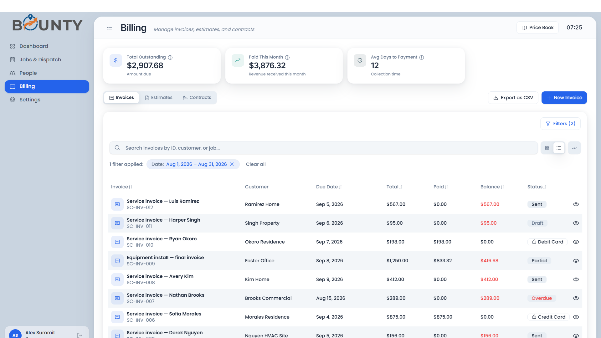 Billing and invoices in Bounty CRM